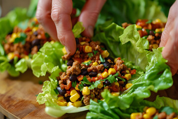 Wall Mural - a person's hands assembling lettuce wraps filled with seasoned ground turkey, black beans, corn, and salsa, for a low-carb and flavorful meal option