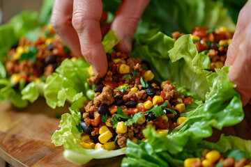 Canvas Print - a person's hands assembling lettuce wraps filled with seasoned ground turkey, black beans, corn, and salsa, for a low-carb and flavorful meal option