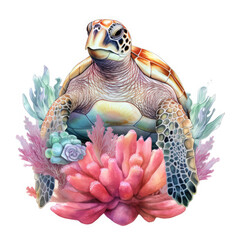 Watercolor Coral Reef Sea Turtle Fish, clipart Illustration, Generative Ai