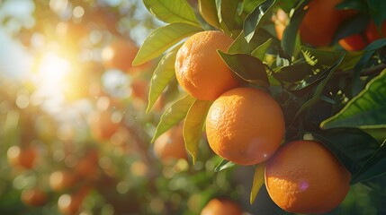 Wall Mural - An oranges hanging from an orange tree, sunlight shining on them, blue sky in the background, green leaves.

