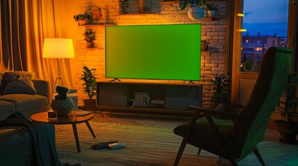 Poster - Stylish evening dwelling with a chair and lamps turned on. Horizontal green screen mockup of a TV.