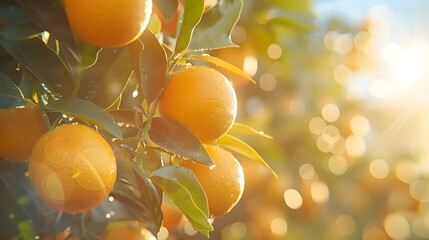 Wall Mural - An oranges hanging from an orange tree, sunlight shining on them, blue sky in the background, green leaves.
