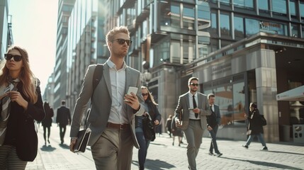 Poster - A bustling downtown scene with a busy morning commute for office managers and business people on foot. It's a sunny day, and people are smartly dressed. Smartphones are held by successful people.