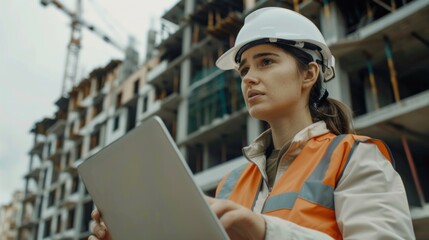 Poster - Real Estate Building Project with Engineer Investor and Businesswoman checking area, working on civil engineering, discussing strategy plan using laptop computers.