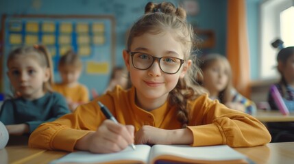 Wall Mural - Portrait of bright and cute Caucasian girl writing in exercise book. Junior class with a variety of children learning new skills and working diligently.