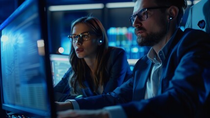 Poster - Professional People Debating Issues Late at Night in Corporate Office. Confident Businessman Uses Desktop, His Male Manager Explains Account Handling and Strategy.