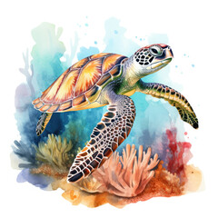 Wall Mural - Watercolor Coral Reef Sea Turtle Fish, clipart Illustration, Generative Ai