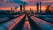 © horizon - A row of oil pipes with an industrial plant in the background at sunset.