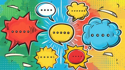 Wall Mural - Speech bubble illustrations ,Pop and comic style speech balloons ,Line widths can be edited, Pop art bright abstract background with geometric shapes and speech bubbles, retro comic book style 