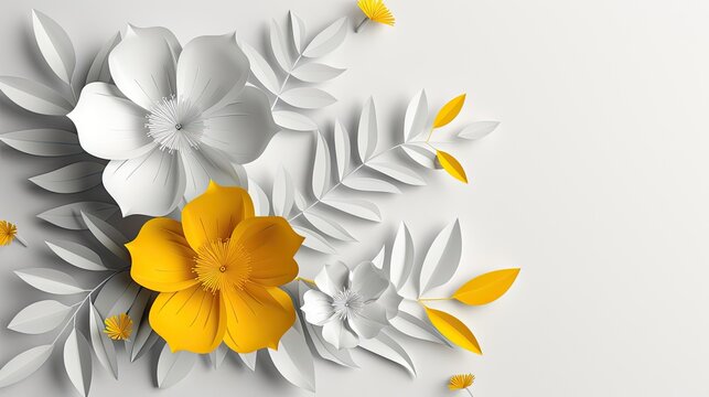 Paper flowers depicted in 3D clipart style, set against a pristine white backdrop.
