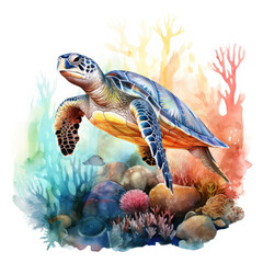 Watercolor Coral Reef Sea Turtle Fish, clipart Illustration, Generative Ai