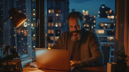 Wall Mural - A handsome middle aged bearded businessman prepares a laptop for work while working from a cozy studio with a window view of the city at night.