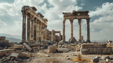 Wall Mural - Remains of a once-majestic cultural monument, now heavily damaged and scarred by conflict, symbolizing the tragic impact of war on history.