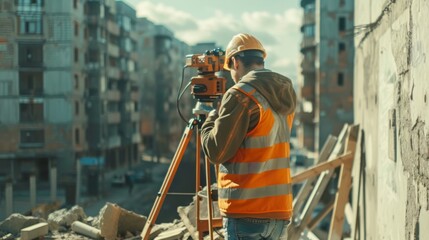 Poster - Worker in Hard Hat Making Projections for the Building, Measures Angles on Construction Site Uses Theodolite Surveying Optical Instrument.