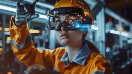 Poster - Industrial 4.0 Modern Factory: A female engineer wearing an augmented reality headset uses mixed reality and gestures to work on a 3D CNC machinery model in order to create a production line. VFX