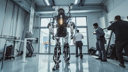 Poster - international team of engineers and scientists work on robotics exoskeleton prototype. powered exosu