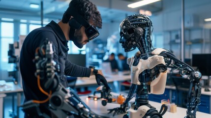 Poster - In a robot development lab, engineers and scientists are working on biological exoskeletal prototypes with a person testing them out. Wearable exosuits are designed to make life easier for disabled