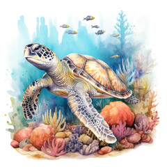 Wall Mural - Watercolor Coral Reef Sea Turtle Fish, clipart Illustration, Generative Ai