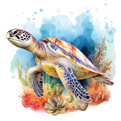 Watercolor Coral Reef Sea Turtle Fish, clipart Illustration, Generative Ai