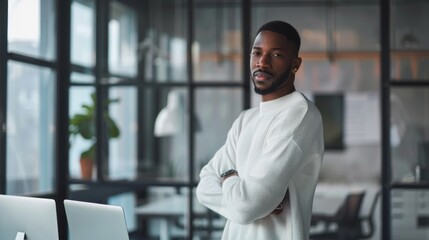 Poster - An attractive Black African American male is standing in a meeting room with a laptop computer in an advertising agency. A project manager is wearing a white jumper and working alone in an empty
