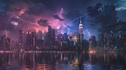 Wall Mural - The cityscape illuminated by lights under a sky punctuated with lightning strikes, blending urban brilliance with nature's electrifying display.