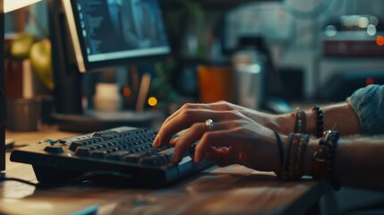 Poster - Man's Hands Close Up, Using a Computer in a Busy Creative Office. He Types at the Keyboard and Uses the Mouse. He Wears a Bracelet.