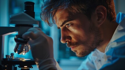 Poster - The image shows a handsome male scientist looking into a microscope in a modern food science laboratory equipped with advanced technology microscopes and computers.