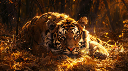 Wall Mural - The stunning sight of an Amur tiger lying in a golden patch of sunlight, its mesmerizing coat glowing under the luminous rays, creating a breathtaking image.