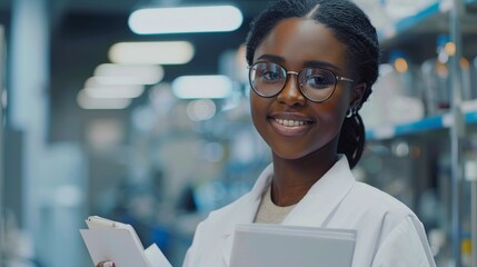 Poster - stylish smart black scientist wearing white coat and glasses, holding test books and looking at came