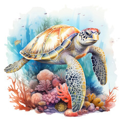 Watercolor Coral Reef Sea Turtle Fish, clipart Illustration, Generative Ai