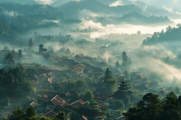 An aerial view of a village in a mountain valley shrouded in morning fog. The rooftops of the houses peek through the mist, surrounded by dense forests and towering mountain peaks