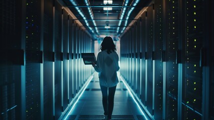 Poster - In a Data Center, Female IT Specialist Walking on a Bridge Overlooking Gigantic Server Farm. Successful Businesswoman, e-Business Entrepreneur.