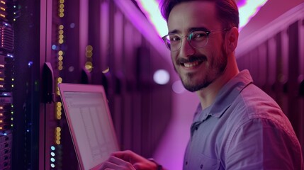 Poster - A handsome IT specialist with a laptop computer uses a cloud computing facility while overlooking a server farm. A successful businessman and e-business entrepreneur uses a laptop computer to monitor