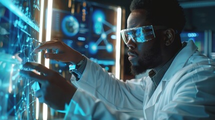 Sticker - African American Scientist Utilizing Tablet Computer to Create Spacecrafts for Data Communication and Exploration. Engineer working on artificial satellite construction.