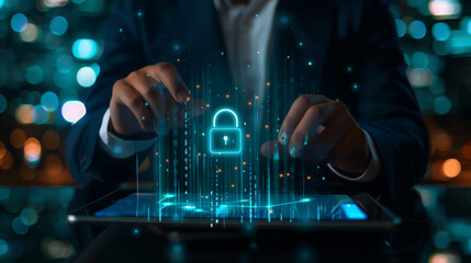 Poster - Cyber security network. Data protection concept. Businessman using tablet computer with digital padlock on internet technology networking with cloud computing and data management