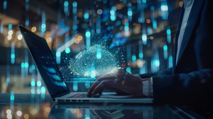 Poster - digital technology, data exchange, cloud computing, global business concept. businessman working on 