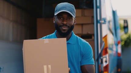 Poster - An attractive black male worker leaves the warehouse with a cardboard box and loads it into a delivery truck. This is the face of a professional who has the responsibility of delivering e-commerce