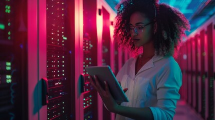 Poster - An engineer using a tablet computer in a server farm cloud computing specialist facility with a multi-ethnic female system administrator managing the cyber security data protection network.