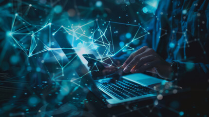 Poster - Digital technology, internet network connection, big data, digital marketing IOT internet of things. Man using mobile phone and laptop computer surfing internet futuristic technology background