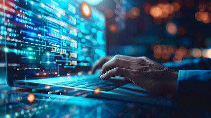 Poster - Digital technology, internet network connection, big data, digital marketing IoT internet of things. Man using modern computer surfing internet futuristic innovative technology background