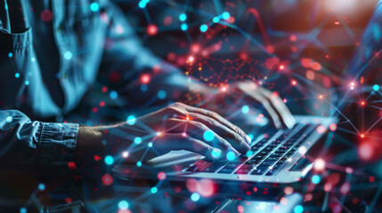 Poster - Digital technology, internet network connection, big data, digital marketing IoT internet of things. Man using modern computer surfing internet futuristic innovative technology background