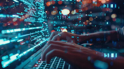 Poster - Digital technology, internet network connection, big data, digital marketing IoT internet of things. Man using modern computer surfing internet futuristic innovative technology background