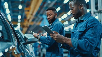 Poster - An African American car factory engineer uses his tablet computer while working on the assembly line. Multiethnic manager and African American car factory engineer discuss work on an assembly line.