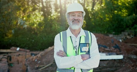 Canvas Print - Contractor, face and mature man with arms crossed on construction site for excavation, digging or field project. Archeology, outdoor and employee for artefact recovery, confidence or examine history