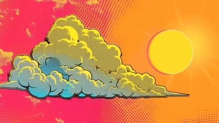 Wall Mural - Sunset bright pop art comic background with halftone color and funny cloud