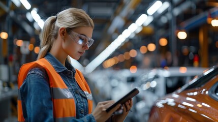 Poster - a woman in a high visibility vest uses a tablet computer while working in an automotive manufacturin