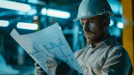 Poster - In the office of a car assembly plant, an engineer is looking over a technical blueprint. In the technical development facility, an industrial specialist is working on vehicle parts.