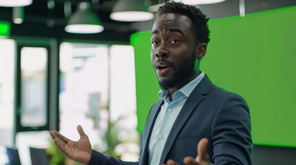 Poster - Meeting Presentation: Black Businessman Talks, Using Green Screen Chroma Key Wall TV. Demonstrating Product to Multi-Ethnic Investors. E-Commerce Strategy. Black Businessman Talks, Uses Green Screen