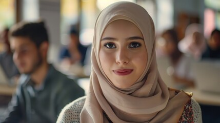 Poster - muslim student with hijab studying in modern university with multiethnic classmates. she asks fellow