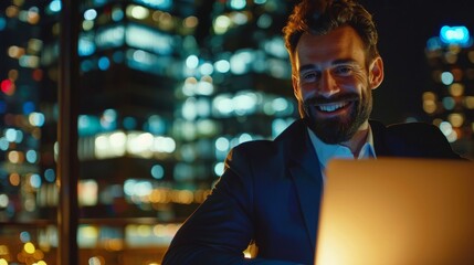 Poster - The portrait shows a handsome businessman working late at his desk on his laptop computer in a big city office. A confident manager in a dark blue suit smiles and poses for the camera in this late